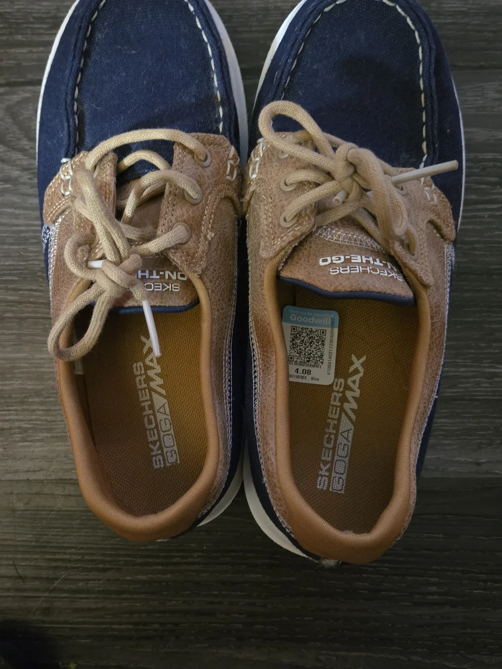 Skechers Yoga Max Navy and Tan Boat Shoes